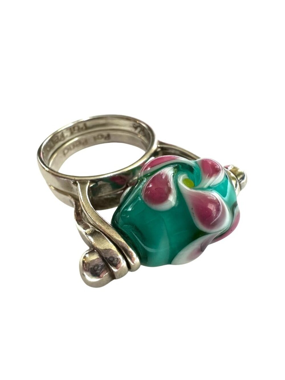Sterling Silver Ring With Green & Pink Lampwork Glass Bead Size 6.75